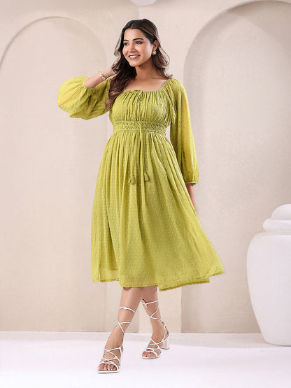 Janasya Lime Green Fit & Flare Dobby Chiffon Dress