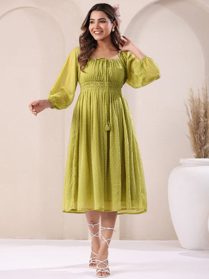 Janasya Lime Green Fit & Flare Dobby Chiffon Dress