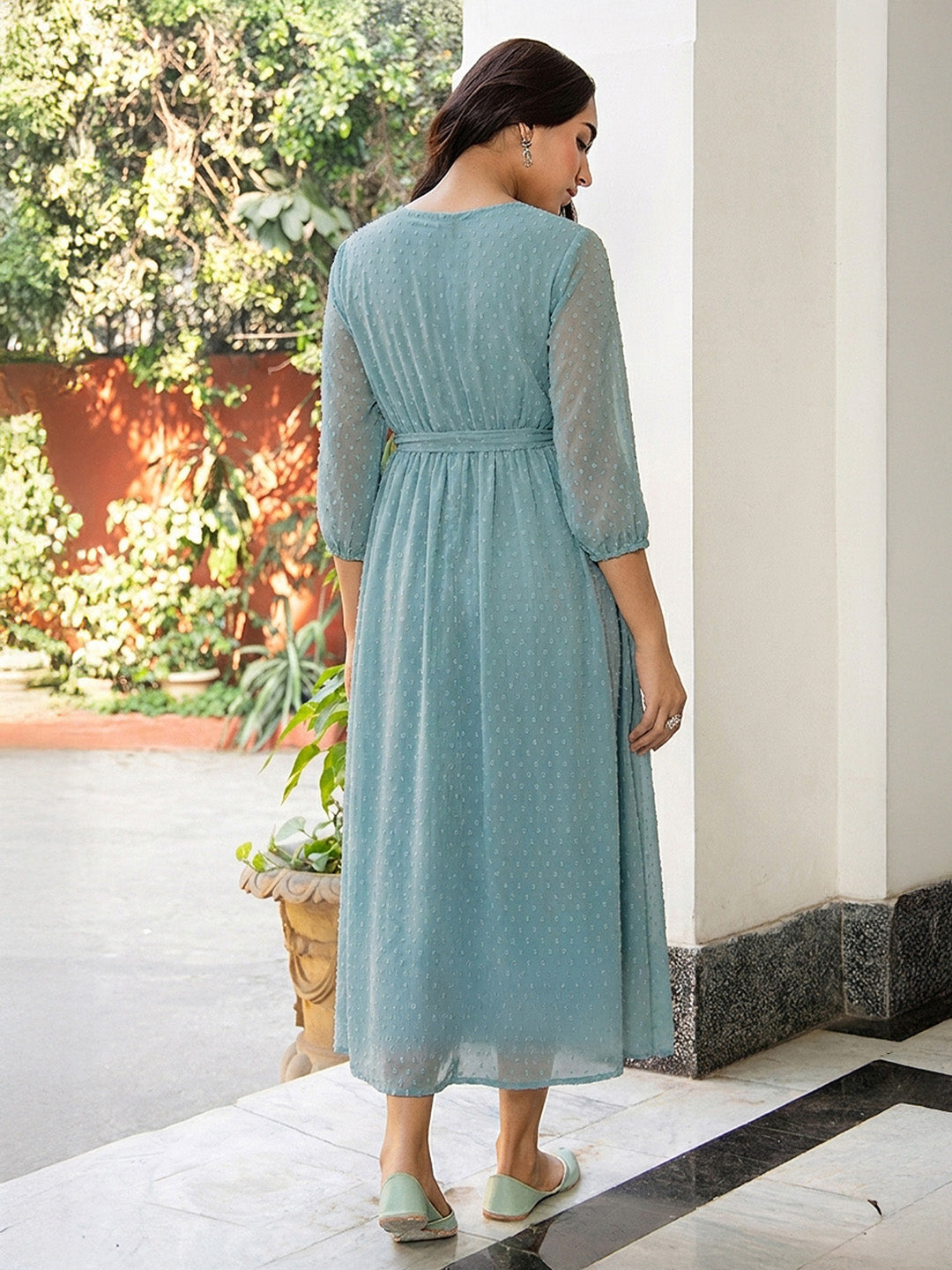 Janasya Powder Blue A-Line Dobby Chiffon Dress