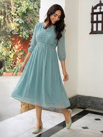 Janasya Powder Blue A-Line Dobby Chiffon Dress
