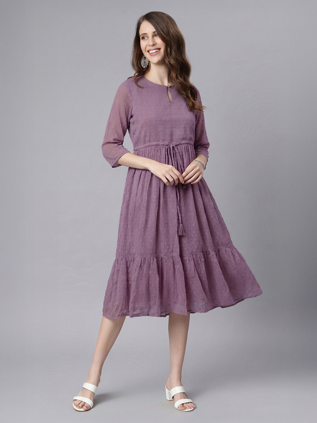 Janasya Lavender Fit & Flare Dobby Chiffon Dress