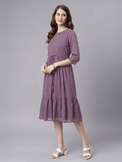 Janasya Lavender Fit & Flare Dobby Chiffon Dress