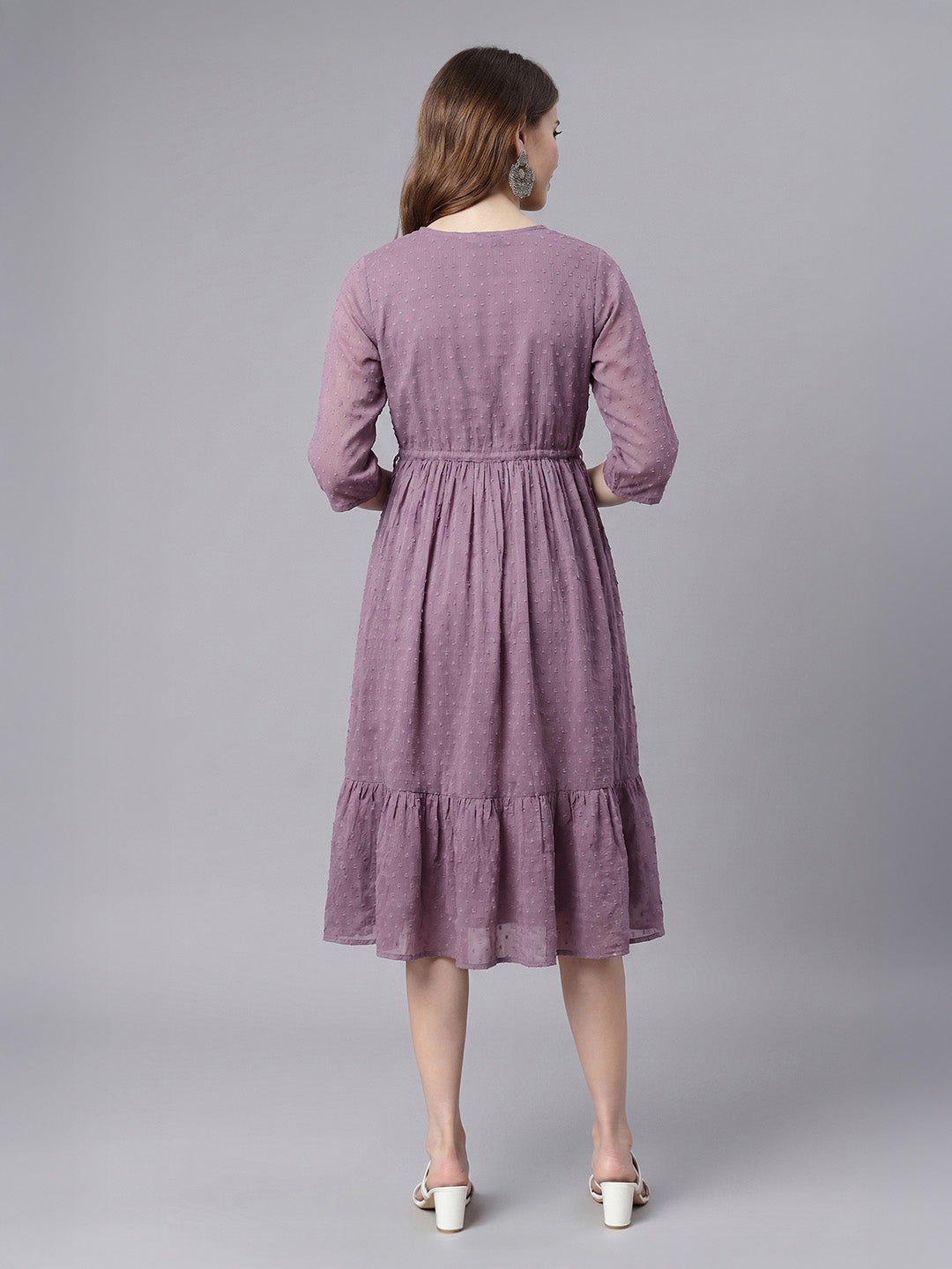 Janasya Lavender Fit & Flare Dobby Chiffon Dress