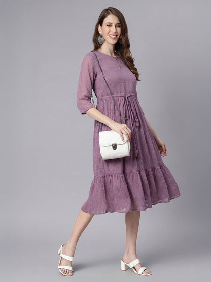 Janasya Lavender Fit & Flare Dobby Chiffon Dress