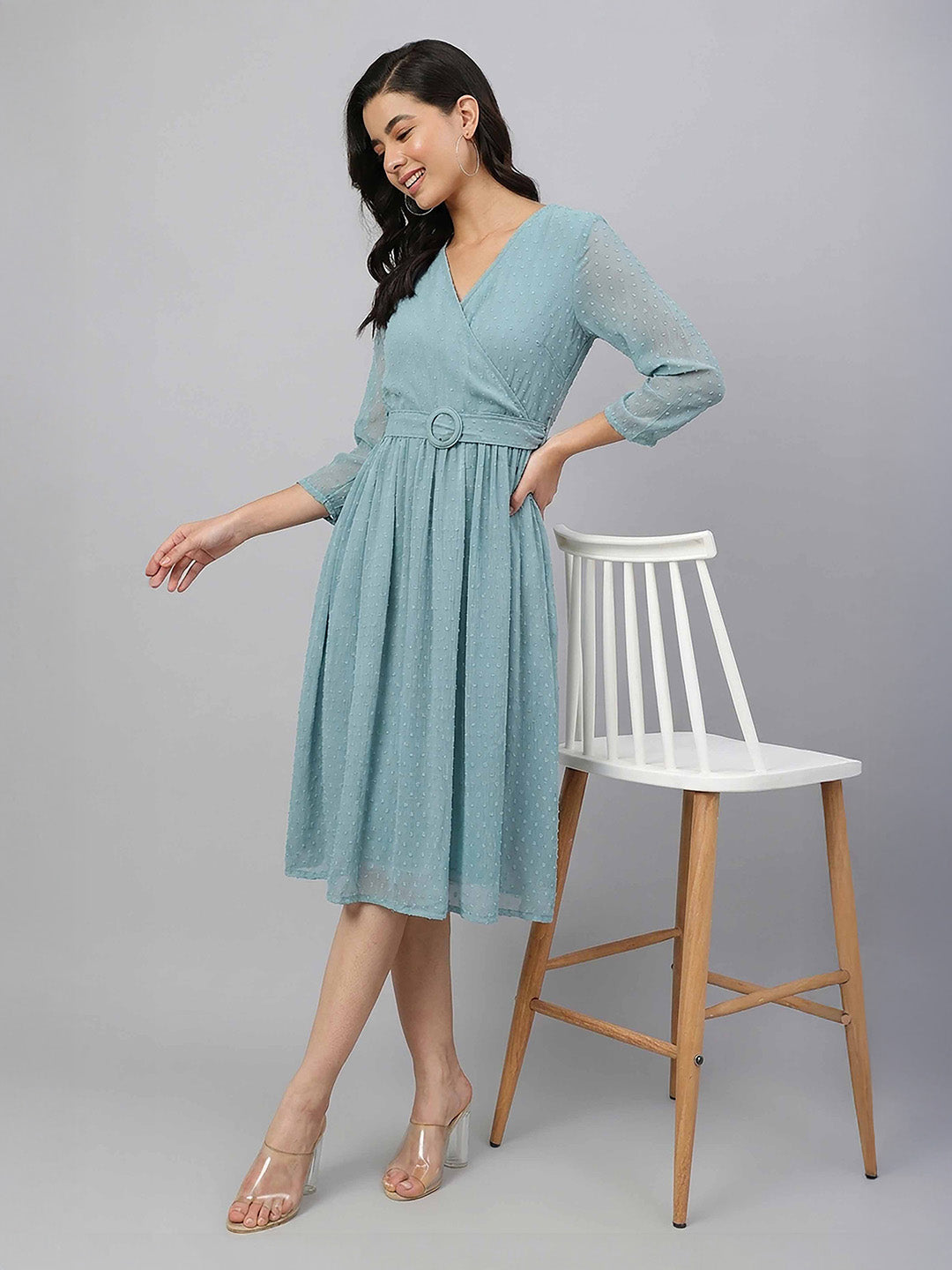 Janasya Aqua Fit & Flare Dobby Chiffon Dress