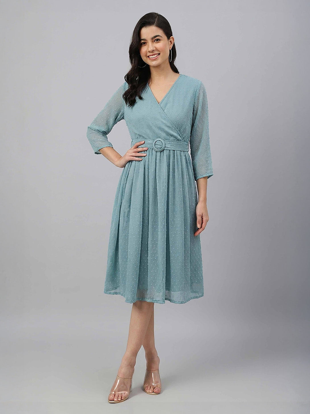 Janasya Aqua Fit & Flare Dobby Chiffon Dress