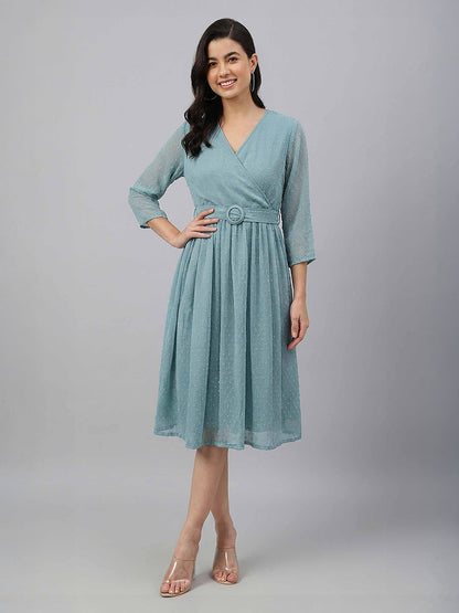 Janasya Aqua Fit & Flare Dobby Chiffon Dress