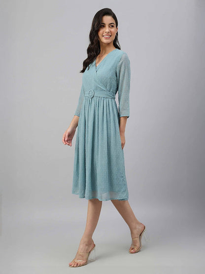 Janasya Aqua Fit & Flare Dobby Chiffon Dress