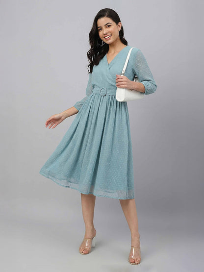 Janasya Aqua Fit & Flare Dobby Chiffon Dress