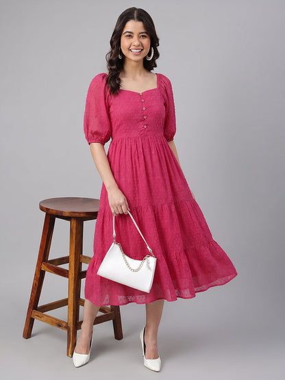 Janasya Magenta Tiered Dobby Chiffon Dress