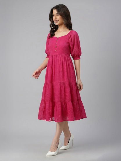 Janasya Magenta Tiered Dobby Chiffon Dress