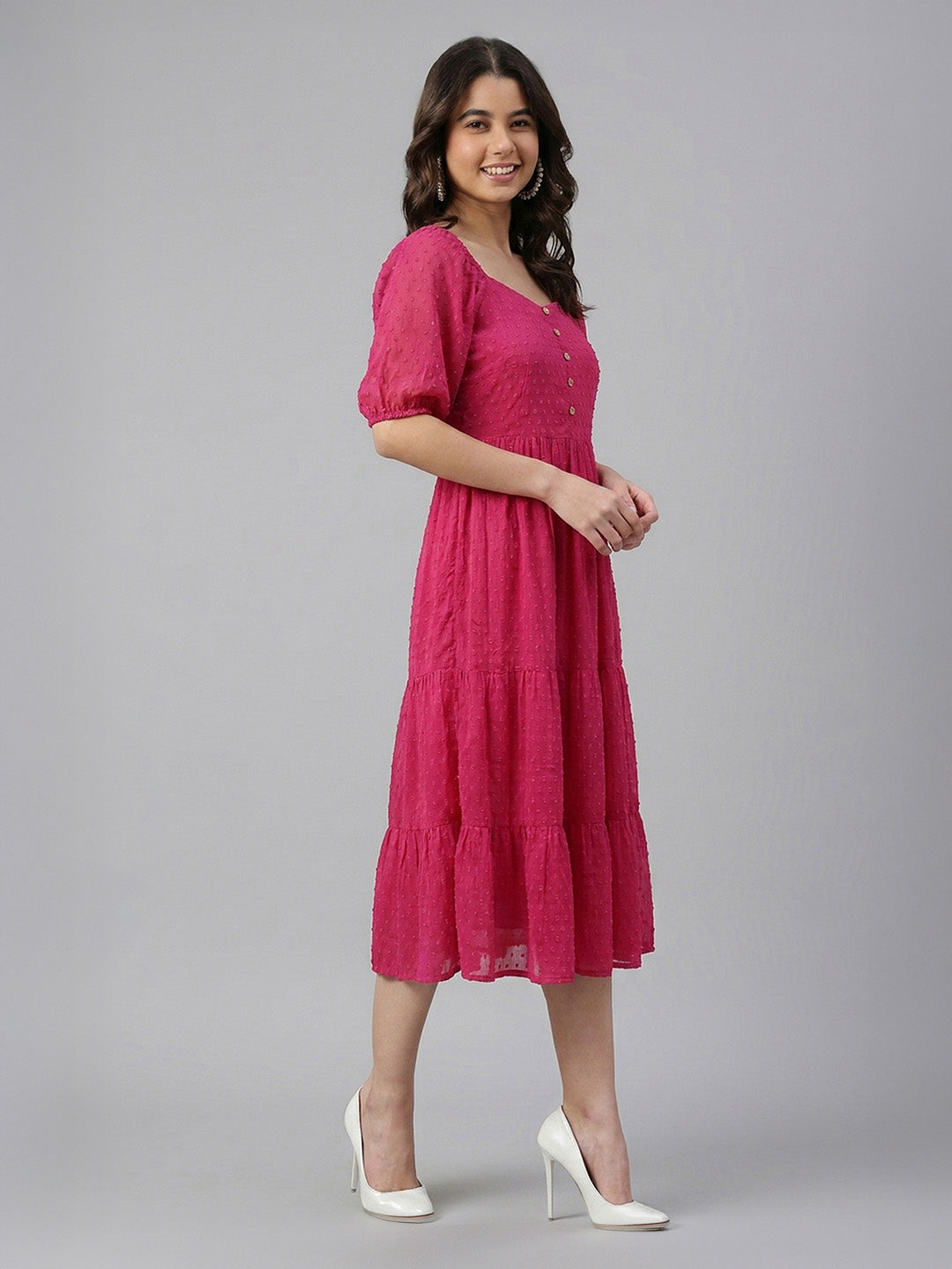 Janasya Magenta Tiered Dobby Chiffon Dress