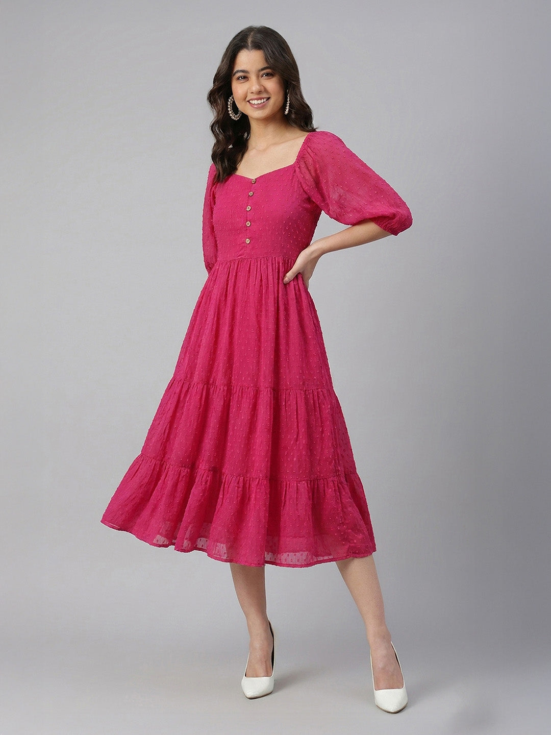 Janasya Magenta Tiered Dobby Chiffon Dress