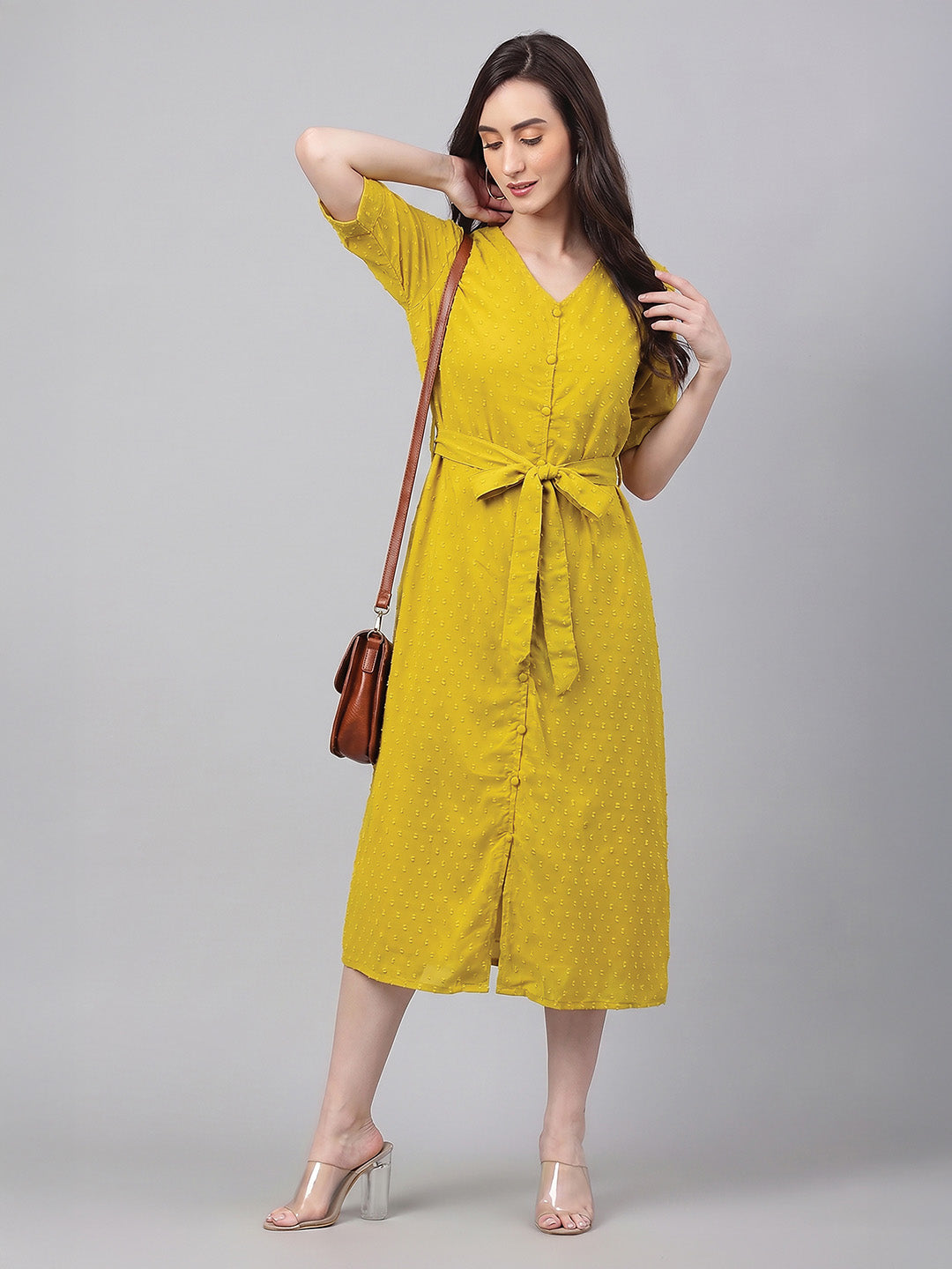 Janasya Lime A-Line Dobby Chiffon Dress