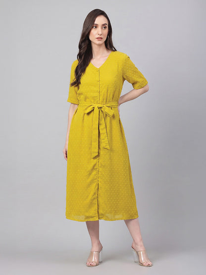 Janasya Lime A-Line Dobby Chiffon Dress