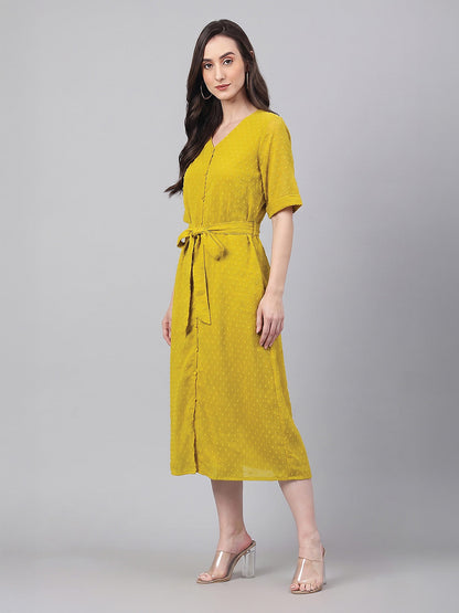 Janasya Lime A-Line Dobby Chiffon Dress