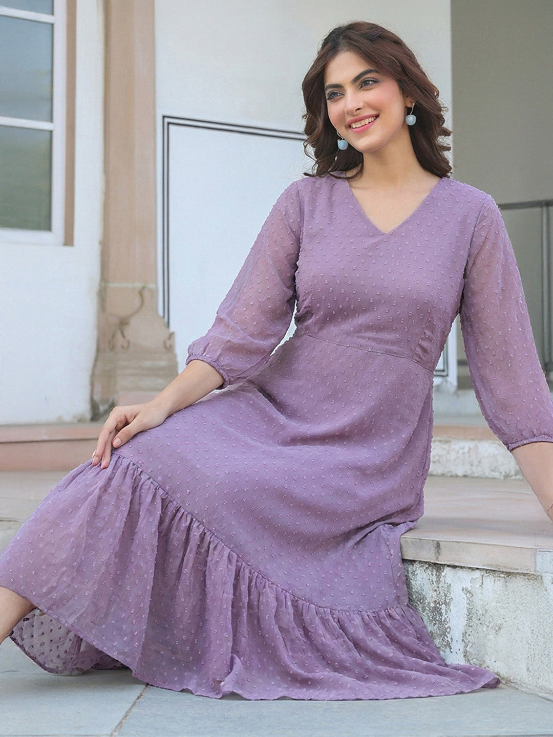 Janasya Lavender A-Line Dobby Chiffon Dress