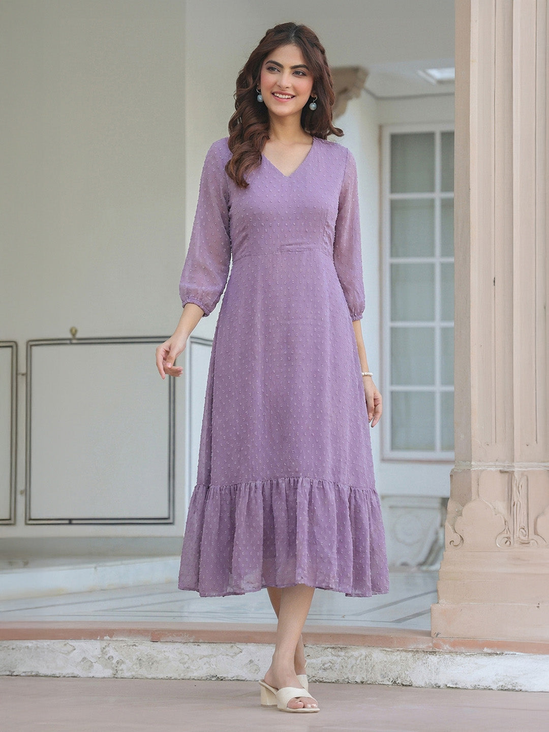 Janasya Lavender A-Line Dobby Chiffon Dress
