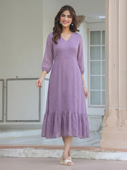 Janasya Lavender A-Line Dobby Chiffon Dress