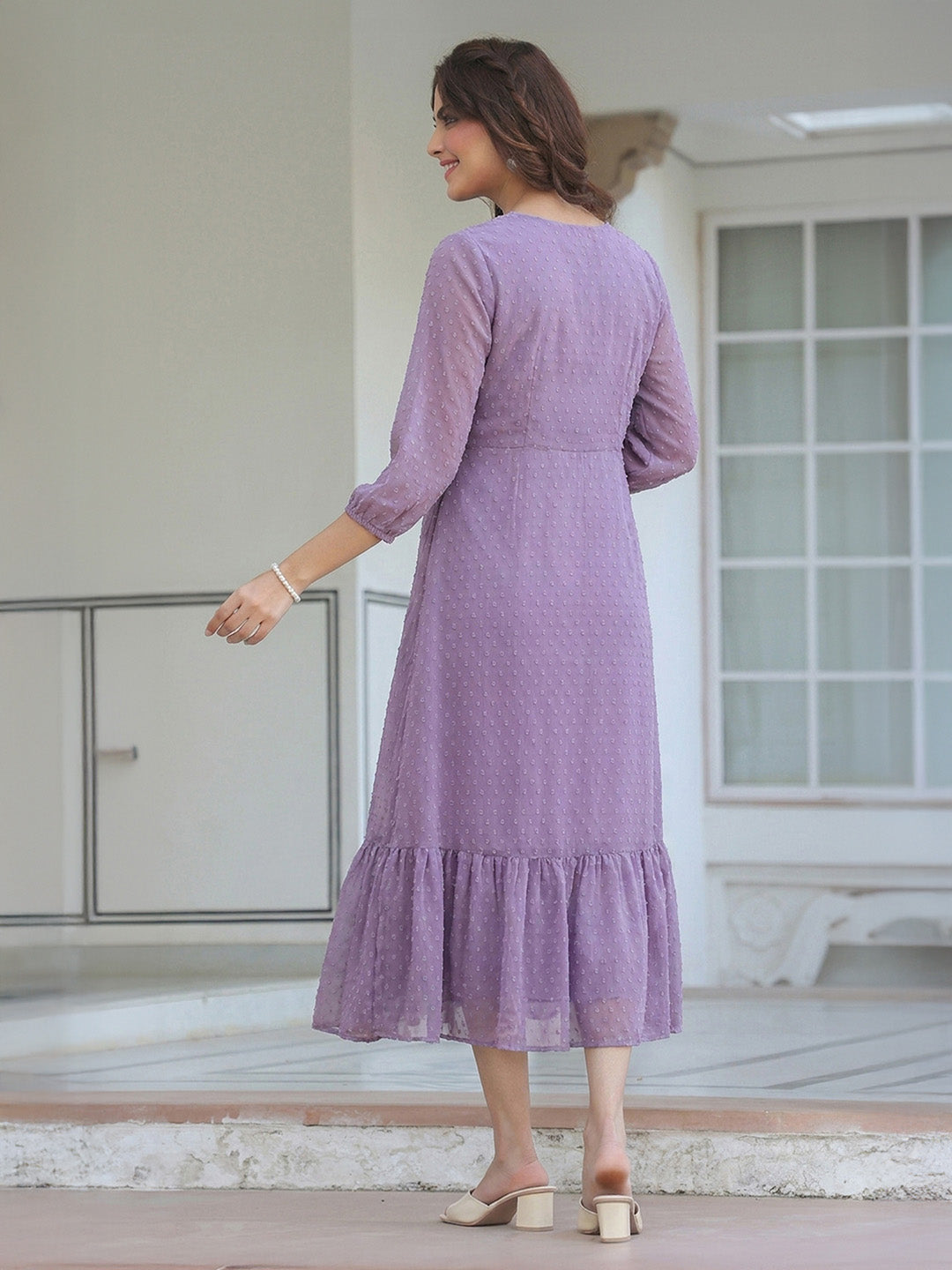 Janasya Lavender A-Line Dobby Chiffon Dress