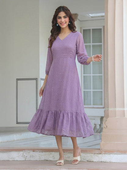 Janasya Lavender A-Line Dobby Chiffon Dress