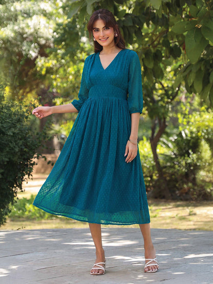 Janasya Teal Fit & Flare Dobby Chiffon Dress