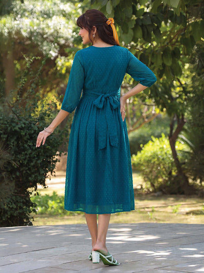 Janasya Teal Fit & Flare Dobby Chiffon Dress