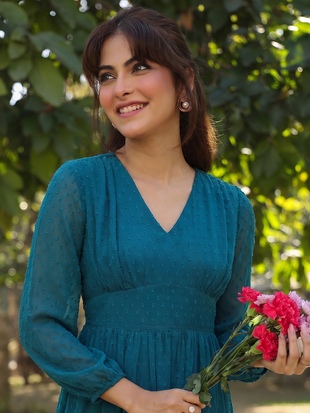 Janasya Teal Fit & Flare Dobby Chiffon Dress