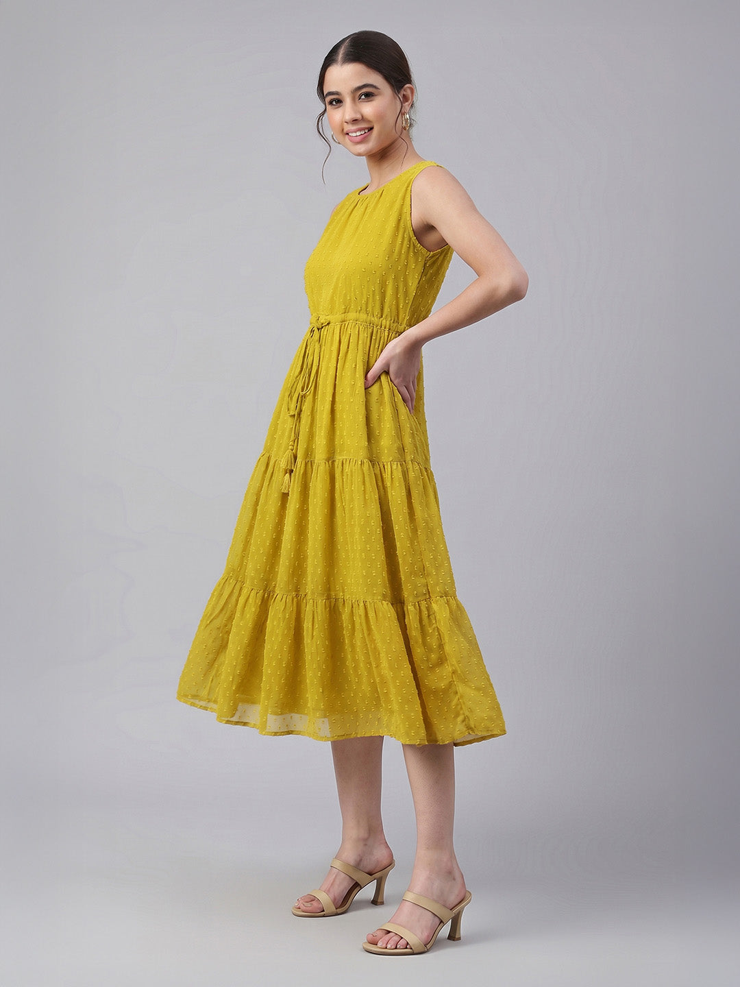 Janasya Lime Tiered Dobby Chiffon Dress