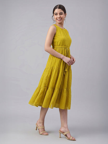 Janasya Lime Tiered Dobby Chiffon Dress