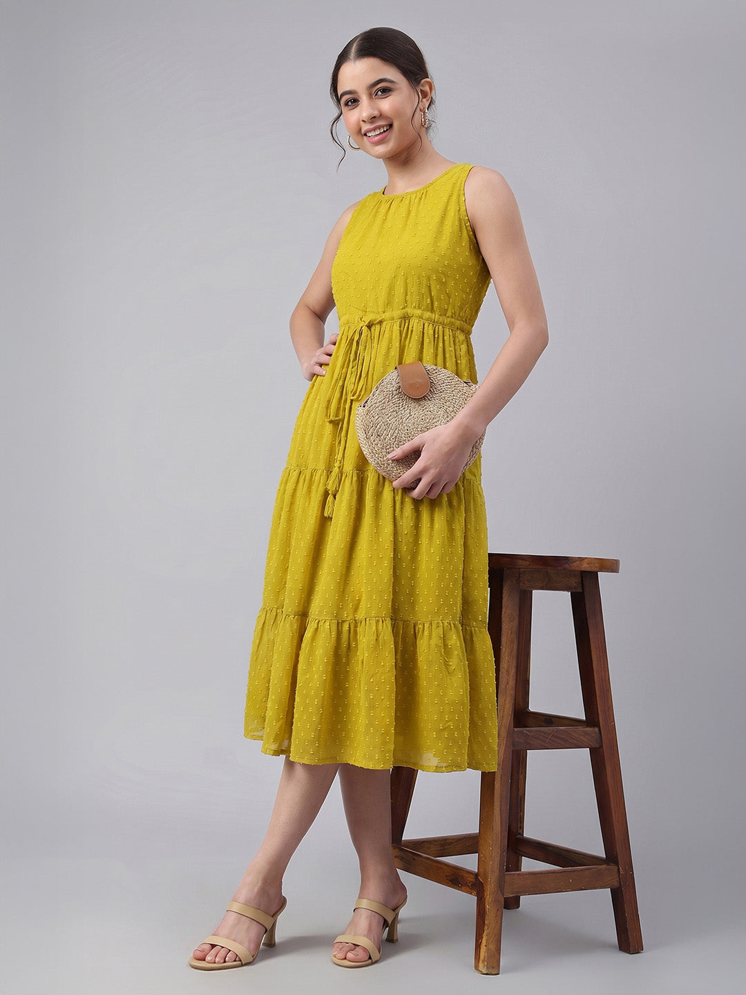Janasya Lime Tiered Dobby Chiffon Dress
