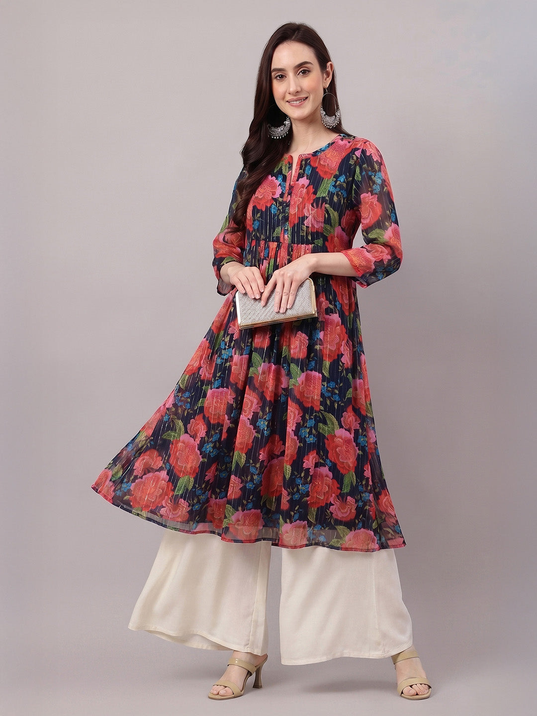 Janasya Black Gathered Chiffon Kurta