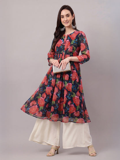 Janasya Black Gathered Chiffon Kurta