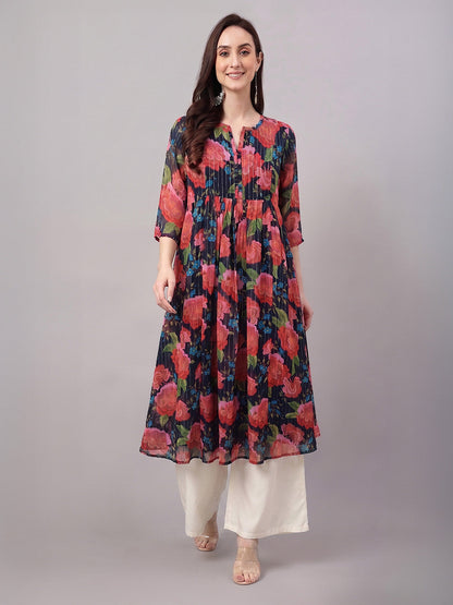 Janasya Black Gathered Chiffon Kurta