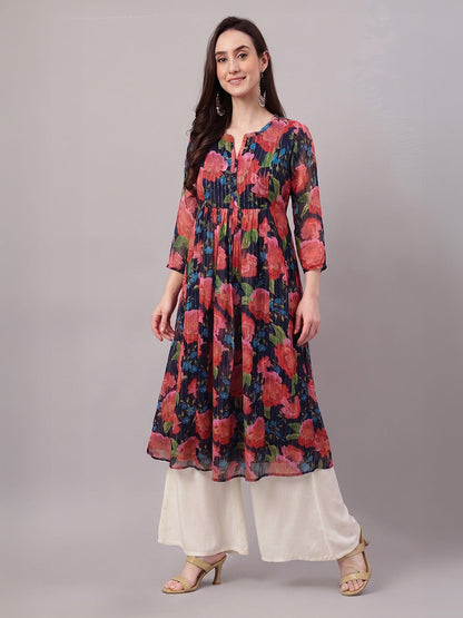 Janasya Black Gathered Chiffon Kurta