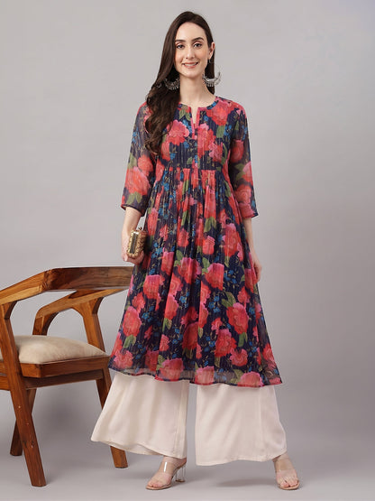 Janasya Black Gathered Chiffon Kurta