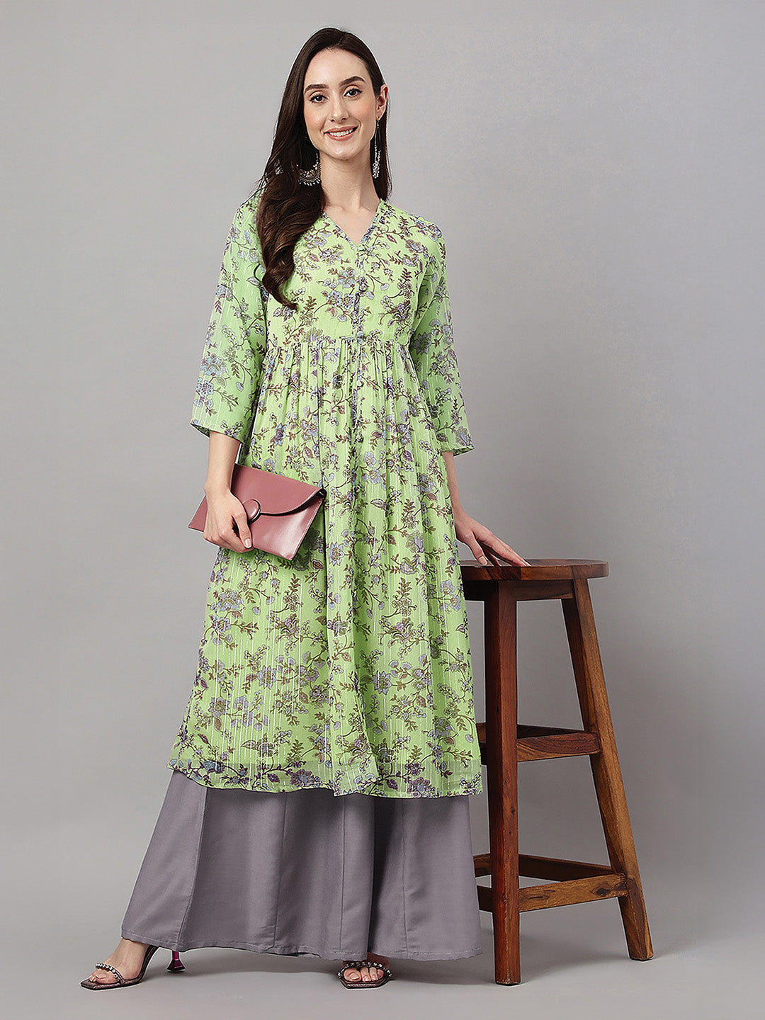 Janasya Lime Green A-Line Chiffon Lurex Kurta