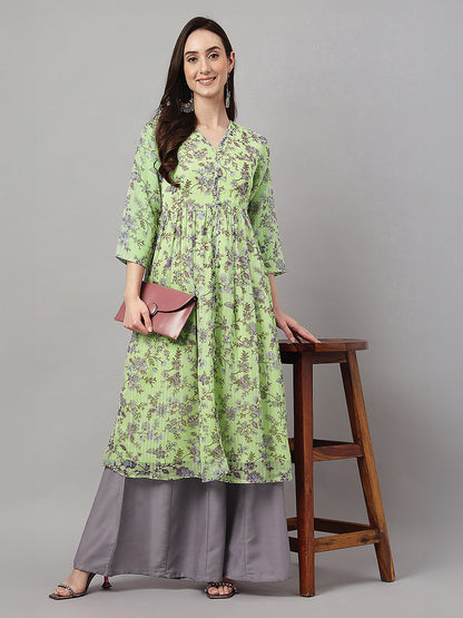 Janasya Lime Green A-Line Chiffon Lurex Kurta