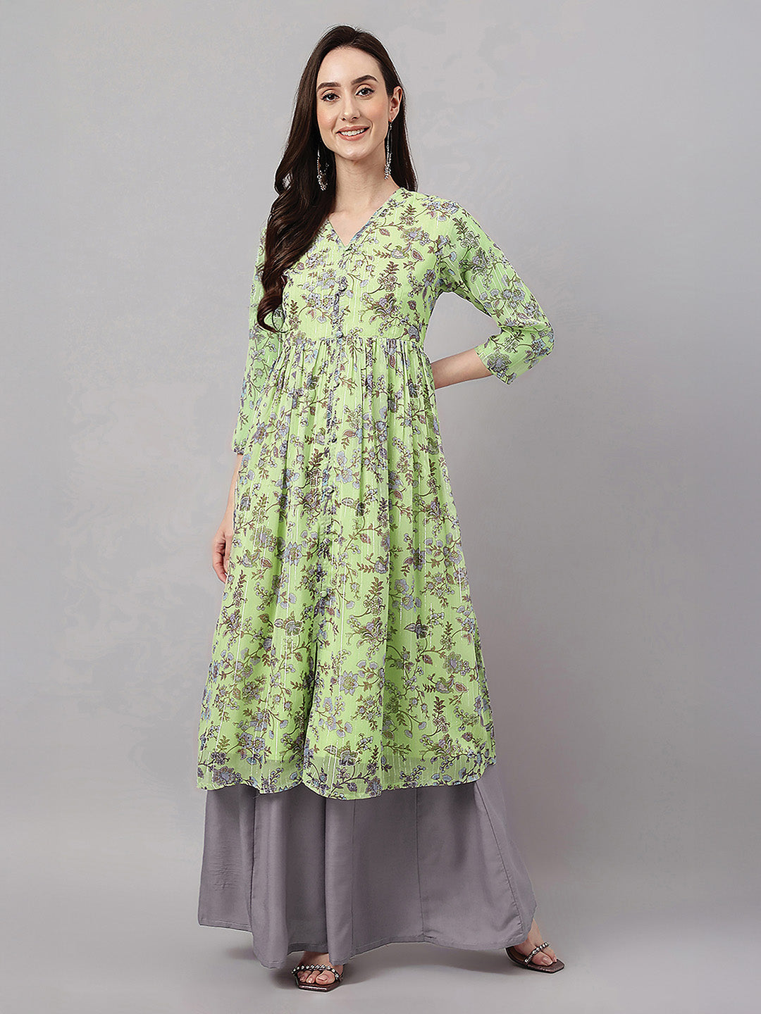 Janasya Lime Green A-Line Chiffon Lurex Kurta