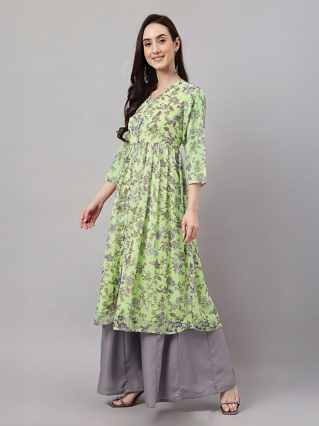 Janasya Lime Green A-Line Chiffon Lurex Kurta