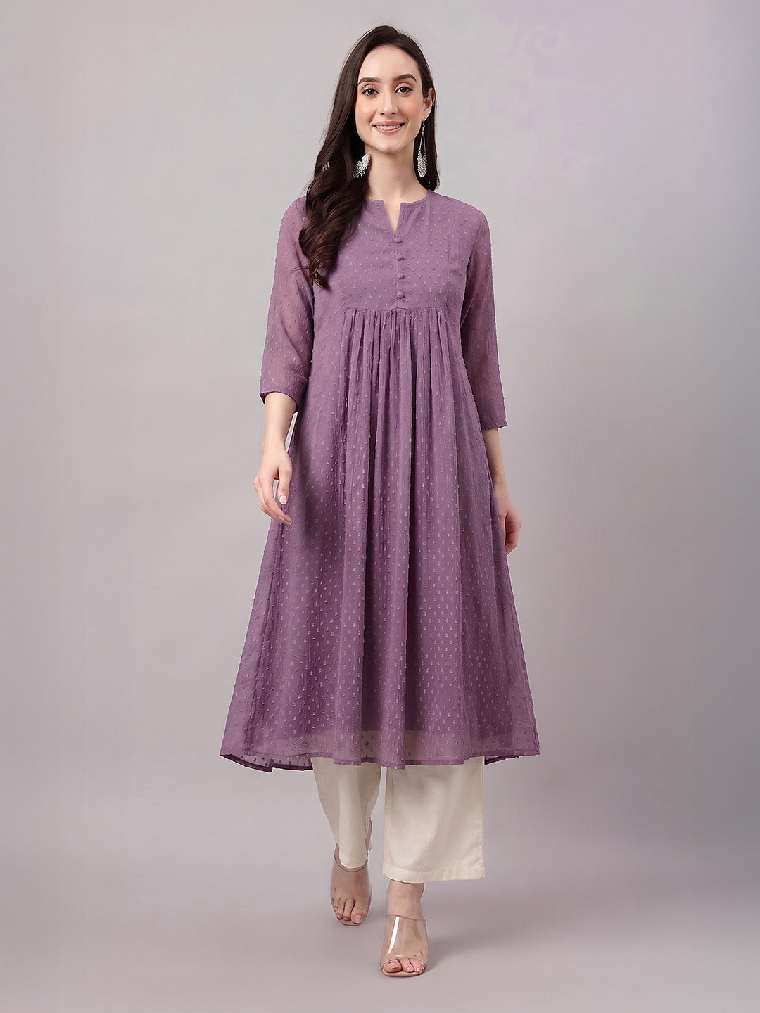 Janasya Lavender A-Line Dobby Chiffon Kurta