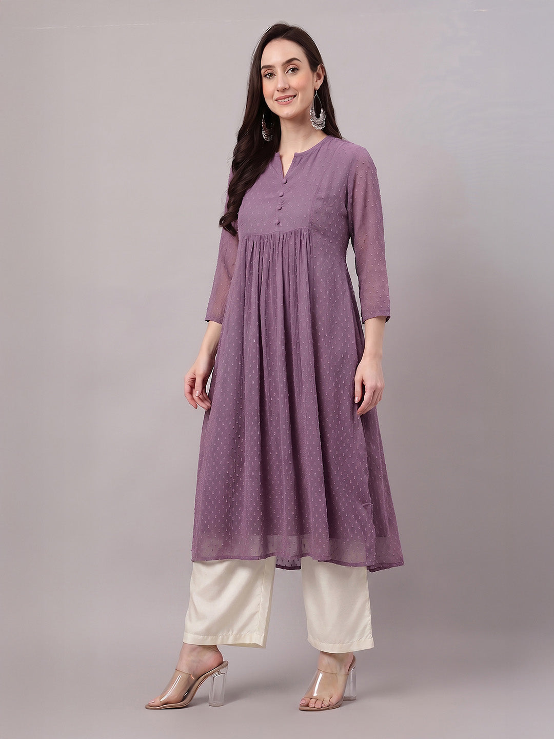 Janasya Lavender A-Line Dobby Chiffon Kurta