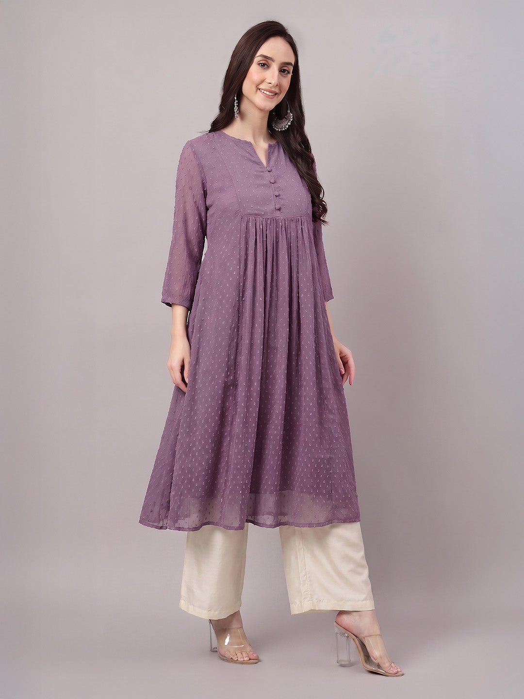 Janasya Lavender A-Line Dobby Chiffon Kurta