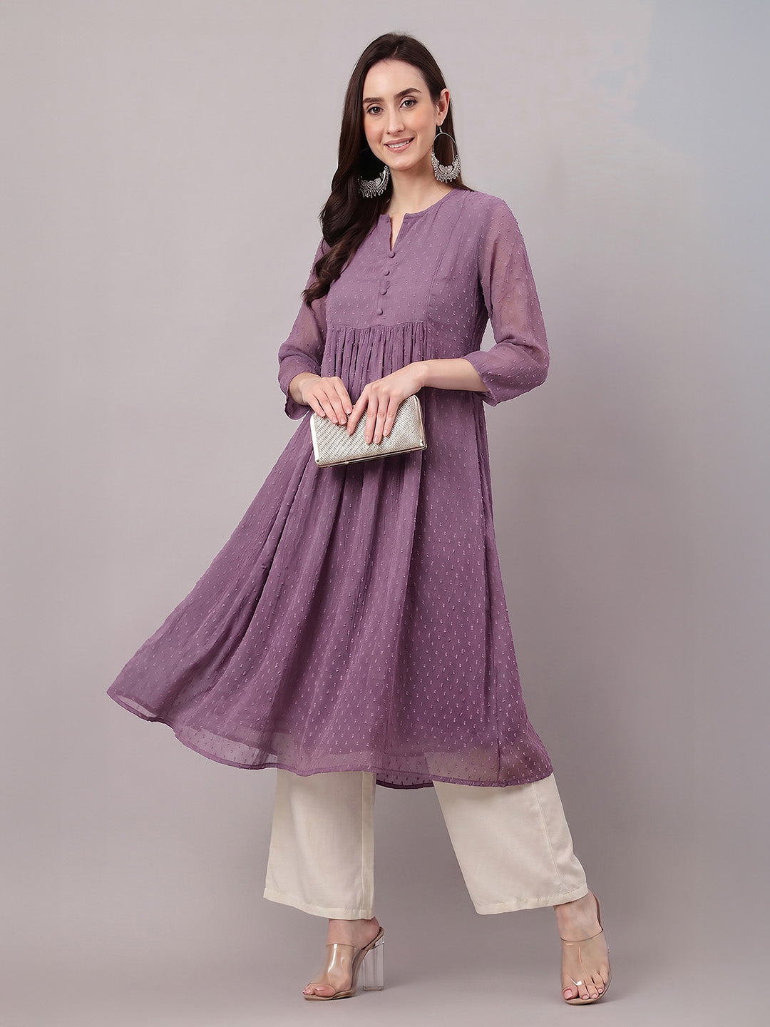 Janasya Lavender A-Line Dobby Chiffon Kurta