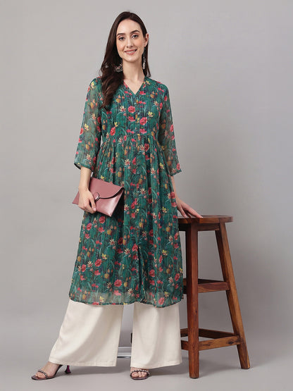 Janasya Bottle Green A-Line Chiffon Lurex Kurta