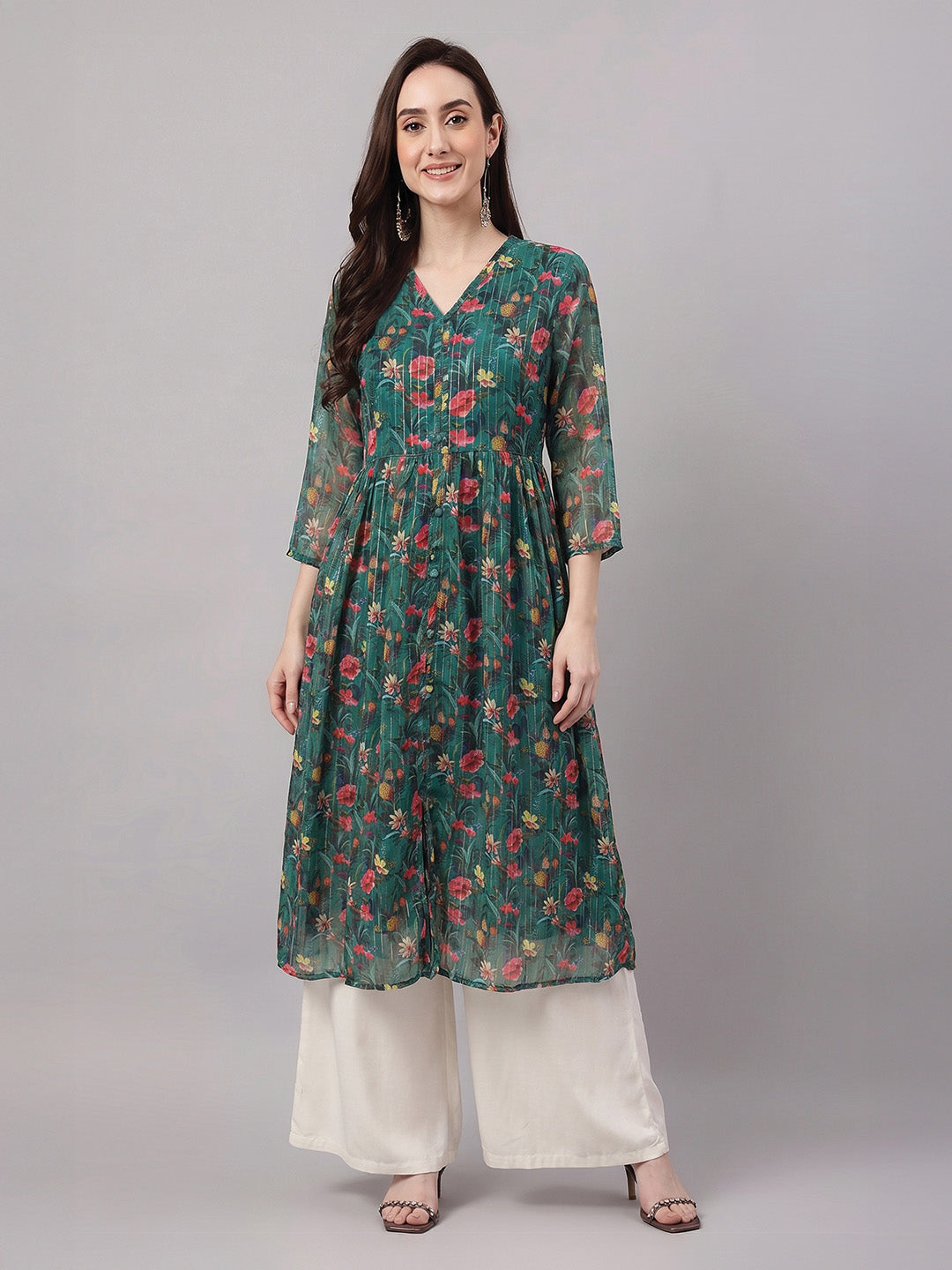 Janasya Bottle Green A-Line Chiffon Lurex Kurta