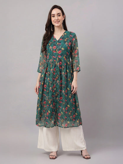 Janasya Bottle Green A-Line Chiffon Lurex Kurta
