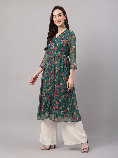 Janasya Bottle Green A-Line Chiffon Lurex Kurta