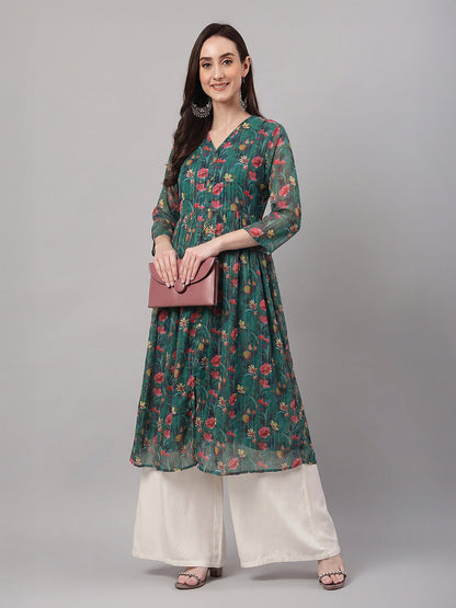 Janasya Bottle Green A-Line Chiffon Lurex Kurta