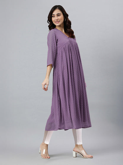 Janasya Lavender Flared Dobby Chiffon Kurta